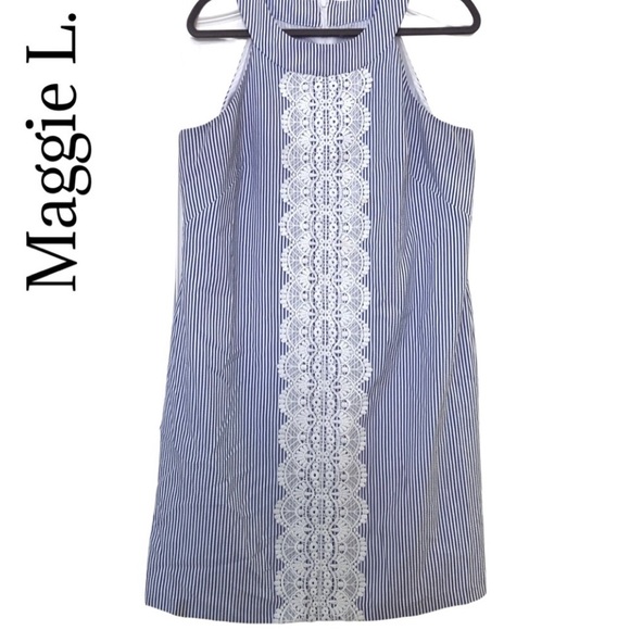 Maggie L. Blue and White Striped Seersucker Crochet Trim Size 14 - Picture 2 of 5